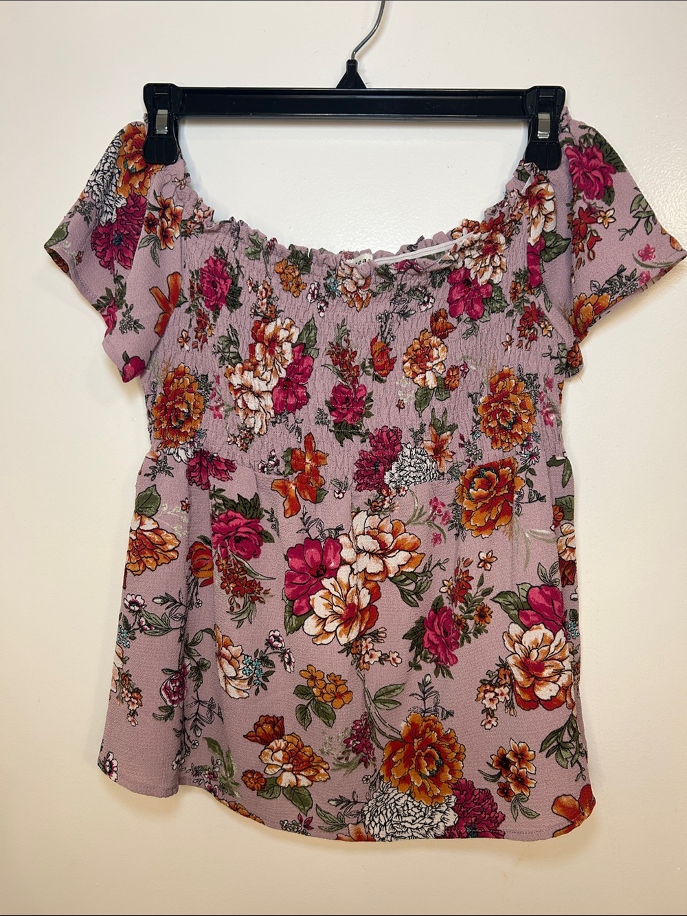 Monteau Lavender Floral Off-Shoulder Top with Pink & Orange Blooms